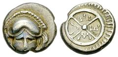 Mesembria AR Diobol, c. 450-350 BC Mesembria, Thrace. AR Diobol (11 mm, 1.30 g), c. 450-350 BC. Obv. Crested corinthian helmet facing. Rev. M - E - T - A in four quarters of wheel, surrounded by borde