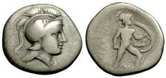 Tegea Hemidrachm, head of Athena / Kepheos, very rare, ex BCD Tegea, Peloponnesos. AR Hemidrachm (2.52 g), c. 350-330s BC. Obv. Helmeted head of Athena Alea to right. Rev. [TEΓEATAN], Warrior (Kepheos