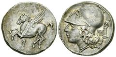 Corinth AR Stater, c. 300 BC Corinth , Corinthia. AR Stater (20-22 mm, 8.15 g), c. 300 BC. Obv. Pegasos flying left, Ϙ below. Rev. Head of Athena left, wearing laureate corinthian helmet; monogram and