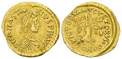 Anastasius AV Tremissis Anastasius (491-518). AV Tremissis (14 mm, 1.46 g), Constantinopolis. Obv. D N ANASTA-SIVS P P AVG, pearl-diademed, draped and cuirassed bust right. Rev. VICTORIA AVCVSTORVM / 