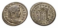 Constantine I AE Nummus, Lugdunum Constantine I 'the Great' (306-337 AD). AE Nummus (19-20 mm, 3.27 g), 322-323 AD, Lugdunum. Obv. CONSTANTINVS AVG, Laureate head right. Rev. BEATA TRANQVILLITAS, alta