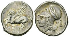 Corinth AR Stater, c. 300 BC Corinth, Corinthia. AR Stater (20-22 mm, 8.15 g), c. 300 BC. Obv. Pegasos flying left, Ϙ below. Rev. Head of Athena left, wearing laureate corinthian helmet; B below; mono