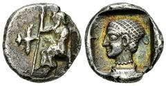 Mantineia Hemidrachm, ex BCD Mantineia, Arcadia. AR Hemidrachm (15 mm, 2.96 g), c. 465-460 BC. Obv. Zeus Lykaios, seated left on low throne with footrest and with swan's head at the top of the backres