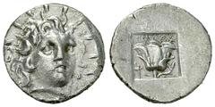 Rhodes AR Hemidrachm Rhodes , Island off Caria. AR Hemidrachm (13 mm, 1.30 g), c. 125-88 BC. ‘Plinthophoric’ coinage. Magistrate Timokrates. Obv. Radiate head of Helios, three-quarter facing to right.
