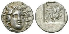 Rhodes AR Hemidrachm Rhodes , Island off Caria. AR Hemidrachm (12 mm, 1.29 g), c. 125-88 BC. ‘Plinthophoric’ coinage. Magistrate Melantas. Obv. Radiate head of Helios, three-quarter facing to right. R