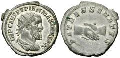 Pupienus AR Antoninianus Pupienus (238 AD). AR Antoninianus (22 mm, 4.64 g), Roma (Rome). Obv. IMP CAES PVPIEN MAXIMVS AVG, radiate, draped and cuirassed bust right. Rev. AMOR MVTVVS AVGG, clasped han