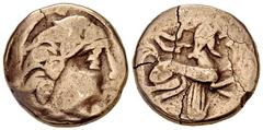 The Pictones base gold stater, c. 70s-50s Celtic Gaul. The Pictones. Base Gold Stater (18-19 mm, 6.57 g), c. 70s-50s. Obv. Male head with prominent curls to right; [bird-head-like ornament at forehead