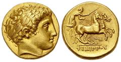 Philip II AV Stater Kings of Macedon. Philip II (359-336 BC). AV Stater (17 mm, 8.55 g), Pella, circa 323-315 BC. Obv. Head of Apollo to right, wearing laurel wreath. Rev. ΦIΛIΠΠOY, charioteer, holdin