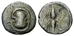 Mykalessos AR Hemiobol (?), c. 400-375 BC Boiotia, Mykalessos. AR Hemiobol (?) (10 mm, 0.41 g), c. 400-375 BC. Obv. Boiotian shield. Rev. Vertical thunderbolt between Y-M. BCD Boiotia 177 (obol); BMC 