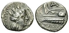 Arados AR Hemidrachm, c. 241-110 BC Arados , Phoenicia. AR Hemidrachm (13 mm, 1.86 g), c. 241/0 - 110/109 BC. Obv. Turreted bust of Tyche right. Rev. Prow left, monogram of AP above. Duyrat 1559-77. S
