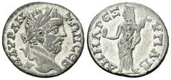 Caracalla AR Drachm, Petra Caracalla (198-217 AD). AR Drachm (18 mm, 1.81 g), Petra, Decapolis. C. 211-212. Obv. M AY ANTΩ CEB, laureate head right. Rev. ΔΗΜΑΡЄΞ YΠAΤ, Tyche, turreted, standing left, 