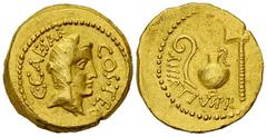 Iulius Caesar Aureus Iulius Caesar (+44 BC). Aureus (21 mm, 8.06 g), Rome, early 46. A. Hirtius, praetor. Obv. C CAESAR COS TER, veiled female head (Vesta or Pietas?) to right. Rev. A HIRTIVS PR, embl