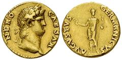Nero AV Aureus, Emperor reverse Nero (54-68). AV Aureus (18 mm, 6.51 g). Rome mint, struck c. AD 64-65. Obv. NERO CAESAR, laureate head right. Rev. AVGVSTVS GERMANICVS, Nero, radiate and togate, stand