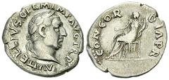 Vitellius AR Denarius, Concordia reverse Vitellius (69 AD). AR Denarius (19-20 mm, 3.29 g), Roma (Rome). Obv. A VITELLIVS GERM IMP TR P, laureate bust right. Rev. CONCORDIA P R, Concordia seated left 