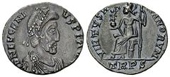 Eugenius AR Siliqua, Treviri mint Eugenius (392-394 AD). AR Siliqua (16-17 mm, 1.58 g). Treveri (Trier) mint. Obv. D N EVGENIVS P F AVG, Pearl-diademed, draped, and cuirassed bust right. Rev. VIRTVS R