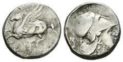 Corinth AR Stater, c. 300 BC Corinth, Corinthia. AR Stater (20-21 mm, 8.17 g), c. 300 BC. Obv. Pegasos flying left, Ϙ below. Rev. Head of Athena right, wearing corinthian helmet; behind, Nike flying r