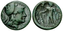 Aitolian League AE Hemiobol, c. 205-150 BC Aitolia, Aitolian League. AE Hemiobol (18 mm, 4.49 g), c. 205-150 BC. Obv. Athena wearing Corinthian helmet right. Rev. AITΩΛΩN, Herakles, naked, standing le