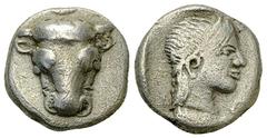 Phokis AR Triobol, c. 478-460 BC Phokis, Federal Coinage. AR Triobol (12-13 mm, 2.86 g), c. 478-460 BC. Obv. Head of bull facing. Rev. Φ-O-K-I, Head of Artemis right within incuse square. Williams 108