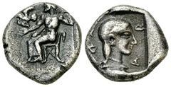 Kleitor Hemidrachm, ex BCD Kleitor, Peloponnesos. AR Hemidrachm (14 mm, 2.79 g), c. 465-460 BC. Obv. Zeus Lykaios seated left on low throne with swan’s head at the top of the backrest, holding long sc
