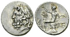 Megalopolis Triobol, head of Zeus / Pan, ex BCD Megalopolis, Peloponnesos. AR Triobol (15-17 mm, 2.53 g), c. 80-50s BC. Obv. Laureate head of Zeus left. Rev. MEΓ, Pan seated left on rock, his right ha