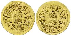 Sisebut AV Tremissis, Mentesa mint Visigoths in Spain. Sisebut (612-621 AD). AV Tremissis (21 mm, 1.41 g), Mentesa mint. Obv. +SISEBVTVS R, facing bust. Rev. +PIVS MENTESA, facing bust. Miles, Visigot