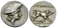 Aitolian League AR Triobol, c. 160-145 BC Aitolia, Aitolian League. AR Triobol (16 mm, 2.47 g), c. 160-145 BC. Obv. Head of Aetolia, wearing kausia, right. Rev. AITΩΛΩN, Calydonian boar standing right