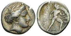Lokri Opuntii AR Triobol, 350's BC Lokris, Lokri Opuntii. AR Triobol (15-16 mm, 2.52 g), c. 350's BC. Obv. Head of Demeter right, wearing wreath of grain ears Rev. OΠONTIΩN, Ajax advancing right, nude