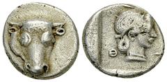 Phokis AR Triobol, c. 460-457 BC Phokis, Federal Coinage. AR Triobol (13-14 mm, 2.92 g), c. 460-457 BC. Obv. Head of bull facing. Rev. Φ-O-K-I, Head of Artemis right within incuse square. BCD 229. Ver