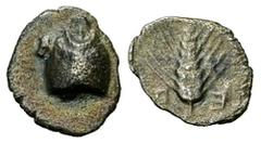 Orchomenos AR Hemiobol Boiotia, Orchomenos. AR Hemiobol (8 mm, 0.34 g), Late 5th century-364 BC. Obv. Half wheat grain, sprouting end upward: Rev. Wheat ear upward; E - R across fields. SNG Cop. 203va