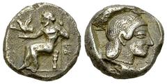 Kleitor Hemidrachm, ex BCD Kleitor, Peloponnesos. AR Hemidrachm (13 mm, 2.94 g), c. 470s-early 460s BC. Obv. Zeus Lykaios seated left on low throne, holding long scepter with his left hand and with ea