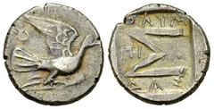Sicyon Triobol, ex BCD Sicyon, Sicyonia. AR Triobol (15-16 mm, 2.29 g), c. 90s-60s BC. Obv. Dove flying right, Θ above tail. Rev. Large Σ, OΛYMΠIAΔAΣ around. BMC 197/8 var (no Θ). Extremely fine. From