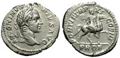 Caracalla Denarius Caracalla (198-217 AD). AR Denarius (18-20 mm, 3.01 g), Roma (Rome) 208 AD. Obv. ANTONINVS PIVS AVG, Laureate head right. Rev. PONTIF TR P XI COS III PROF, Caracalla on horseback, r