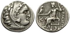 Alexander III. AR Drachm, Kolophon mint Kings of Macedon . Alexander III. "The Great" (336-323 BC). AR Drachm (18 mm, 4.12 g), Kolophon, c. 310-301 BC. Obv. Head of Herakles wearing lion's skin right.