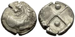 Chersonesos Hemidrachm Chersonesos , Thrace. AR Hemidrachm (13 mm, 2.03 g), c. 350-330 BC. Obv. Forepart of lion right, looking back, right foreleg raised. Rev. Quadripartite incuse, two pellets in fi