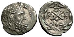 Elis (under the Achaean League) AR Hemidrachm, rare, ex BCD Elis , under the Achaean League. AR Hemidrachm (14-16 mm, 2.11 g), c. mid 1st Century BC (or later). Obv. Laureate head of Zeus right. Rev. 