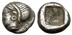 Phokaia AR Diobol, c. 510-490 BC Phokaia , Ionia. AR Diobol (8 mm, 1.30 g), c. 500 BC. Obv. Head of Artemis wearing sakkos and earring left. Rev. Quadripartite incuse. Klein KM 453. About very fine.