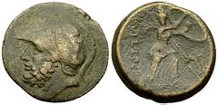 The Bretttii, AE Double Didrachm, c. 208-203 BC Bruttium, the Brettii . AE Double Didrachm (26 mm, 15.19 g), c. 208-203 BC. Obv. Head of Ares left, wearing crested Corinthian helmet decorated with gri