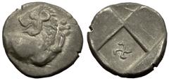 Chersonesos Hemidrachm, Swastika variety Chersonesos , Thrace. AR Hemidrachm (13 mm, 1.65 g), c. 350-330 BC. Obv. Forepart of lion right, looking back, right foreleg raised. Rev. Quadripartite incuse,