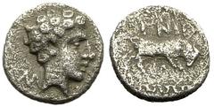 Magnesia AR Tetartemorion, extremely rare Magnesia , Ionia. AR Tetartemorion (6 mm, 0.21 g), late 5th to early 4th (?) Century BC. Obv. Youthful head right, [M-A]. Rev. ΓNH, bull butting right over ma
