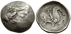 Celtic Tetadrachm, imitating Philip II of Macedon, ex De La Tour collection Eastern Celts , Danube region. Imitating Philip II. of Macedon. AR Tetradrachm (26 mm, 13.37 g), c. 2nd Century BC. Obv. Lau