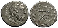 Argos Hemidrachm, ex BCD and Virgil Brand Argos , Peloponnesos. AR Hemidrachm (15 mm, 2.44 g), c. 160-146 BC. Obv. Laureate head of Zeus right. Rev. AX, to right, TK monogram, above, club right; all w