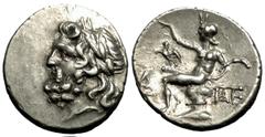 Megalopolis Triobol, head of Zeus / Pan, ex BCD Megalopolis , Peloponnesos. AR Triobol (15-17 mm, 2.53 g), c. 80-50s BC. Obv. Laureate head of Zeus left. Rev. MEΓ, Pan seated left on rock, his right h