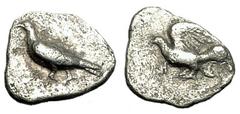 Sicyon Hemiobol, dove walking left / dove standing left, extremely rare and ex BCD Sicyon , Sicyonia. AR Hemiobol (7-8 mm, 0.35 g), c. 3rd quarter of 5th Century BC. Obv. Dove walking left with closed