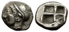 Phokaia AR Diobol, c. 510-490 BC Phokaia , Ionia. AR Diobol (10 mm, 1.31 g), c. 510-490 BC. Obv. Head of Artemis wearing sakkos and earring left. Rev. Quadripartite incuse. Klein, KM 453. Toned. High 
