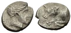 Hekatomnos AR Diobol, head of Apollo / forepart of bull, extremely rare Satraps of Caria. Hekatomnos (395-377 BC). AR Diobol (9-10 mm, 1.26 g). Obv. Laureate head of Apollo right. Rev. Forepart of bul