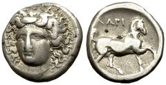 Larissa Didrachm, c. 380-340 BC Larissa , Thessaly. AR Didrachm or Stater (22-23 mm, 11.95 g), c. 356-342 BC. Obv. Head of nymph Larissa facing, turned slightly to left, wearing ampyx, earring and nec
