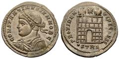 Constantius II. AE3, campgate reverse, Trier Constantius II. (324-361 AD). AE3 (19-20 mm, 3.06 g), Treveri (Trier), c. 327-8 AD. Obv. FL IVL CONSTANTIVS IVN NOB C, laureate, draped and cuirassed bust 