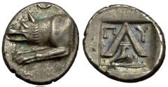 Argos, AR Triobol, c. 260s-250s BC Argos , Argolis. AR Triobol (12-14 mm, 2.58 g), c. 260s-250s BC. Obv. Forepart of wolf at bay left, Θ above. Rev. Large A; above, Π - Y; below, eagle standing on har