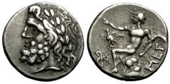 Megalopolis Triobol, head of Zeus / Pan, ex BCD Megalopolis , Peloponnesos. AR Triobol (15 mm, 2.41 g), c. early 1st century, before c. 80 BC. Obv. Laureate head of Zeus left. Rev. MEΓ, Pan seated lef