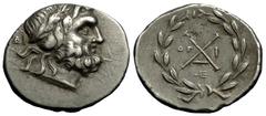 Patrae (under the Achaean League), AR Hemidrachm, ex BCD Patrae (under the Achaean League). AR Hemidrachm (15-17 mm, 2.50 g), c. 175-168 BC. Obv. Laureate head of Zeus right; ΔI behind Rev. Central mo